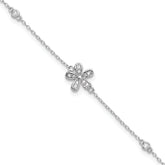 Cheryl M Sterling Silver Rhodium-Rhodium-Plated Brilliant-cut CZ Flower 9 Inch Anklet with 1 Inch Extender